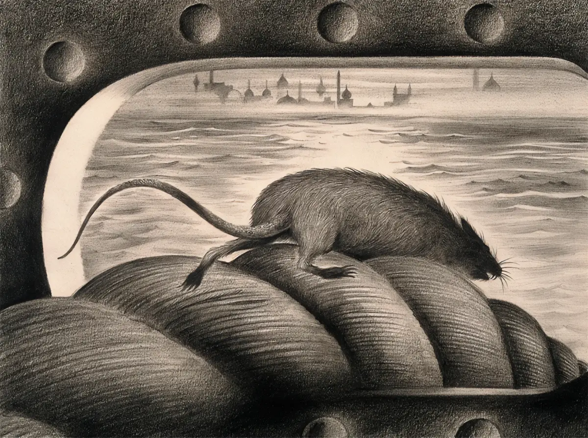 A depiction of a plague-infested rat descends a ship’s mooring rope in this illustration by Albert Tarter, (California circa 1940s).